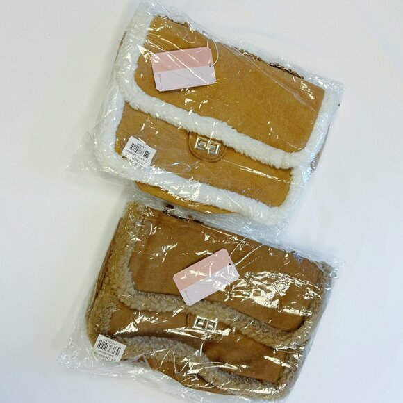 NWT - Luxe Sherpa Faux Fur Trim Chain Shoulder Bag - Caramel/White - Picture 6 of 6